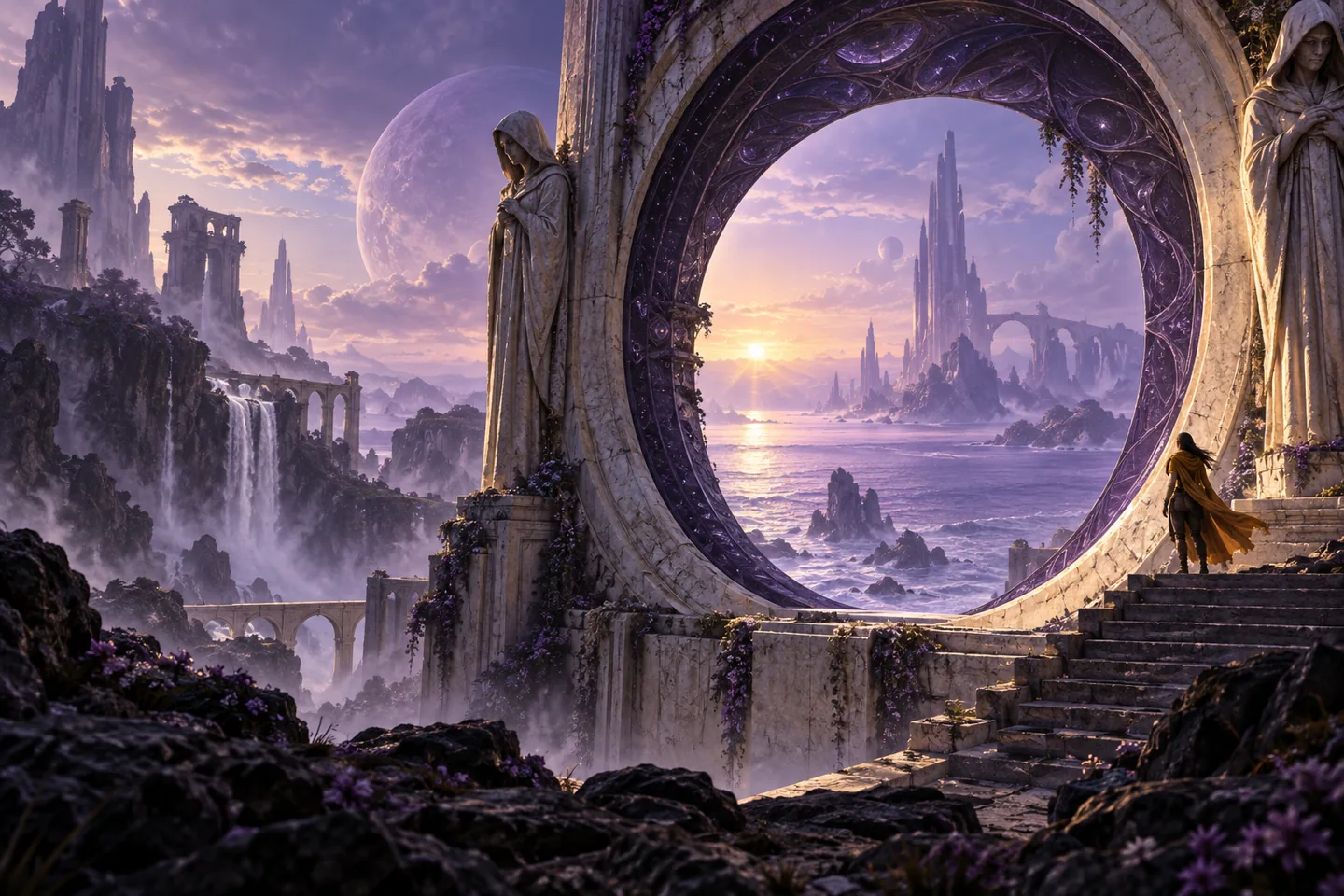Violet fantasy landscape with a monumental stone portal, distant towers and a small traveler in a gold cloak