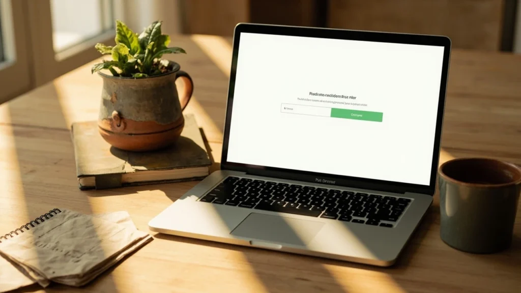 A laptop on a wooden desk showing a stylized Roblox codes redemption screen with a terracotta seedling, watering can, and notebook beside it