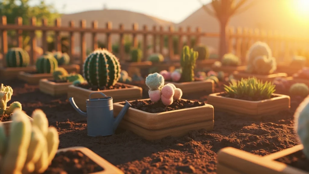prickly plants grow a garden in Roblox with cacti and succulents on wooden plots