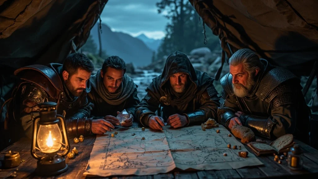 Baldur's Gate 3 walkthrough hero illustration showing a tactical party of adventurers in a fantasy camp