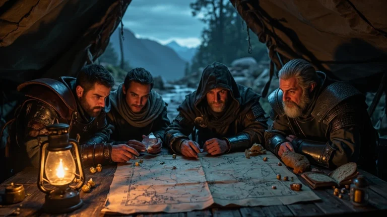 Baldur's Gate 3 walkthrough hero illustration showing a tactical party of adventurers in a fantasy camp