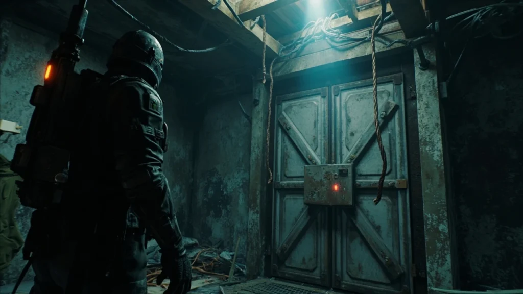 A player approaching a locked gate in Arc Raiders with a torchlight beam cutting through dust