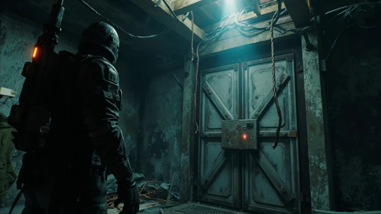 A player approaching a locked gate in Arc Raiders with a torchlight beam cutting through dust