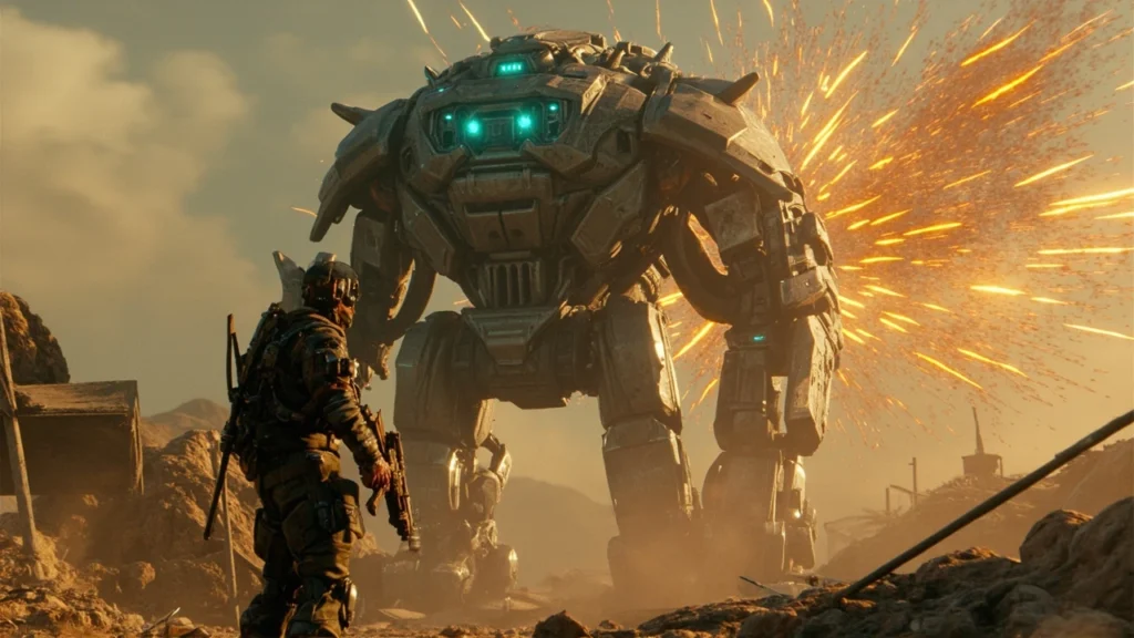 A player facing the flickering threat in Arc Raiders, with a damaged ARC machine glitching in a ruined landscape
