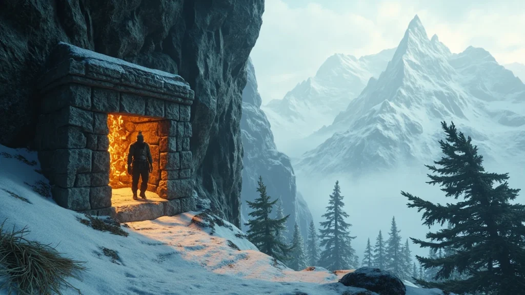 Shee Venath shrine on a snowy Hebra cliff in Zelda