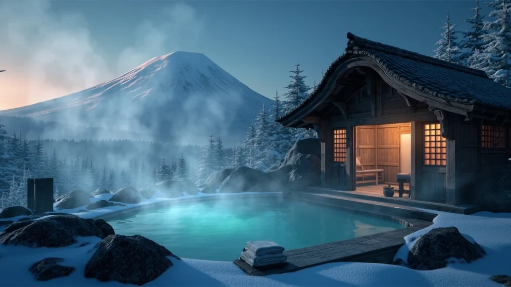 Wooden Japanese bathhouse beside a steaming turquoise onsen pool in a snowy Hokkaido forest at dusk in Ghost of Yotei
