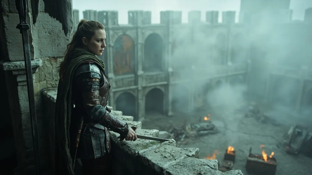 Elden Ring Nepheli standing on a stone balcony overlooking a misty castle courtyard
