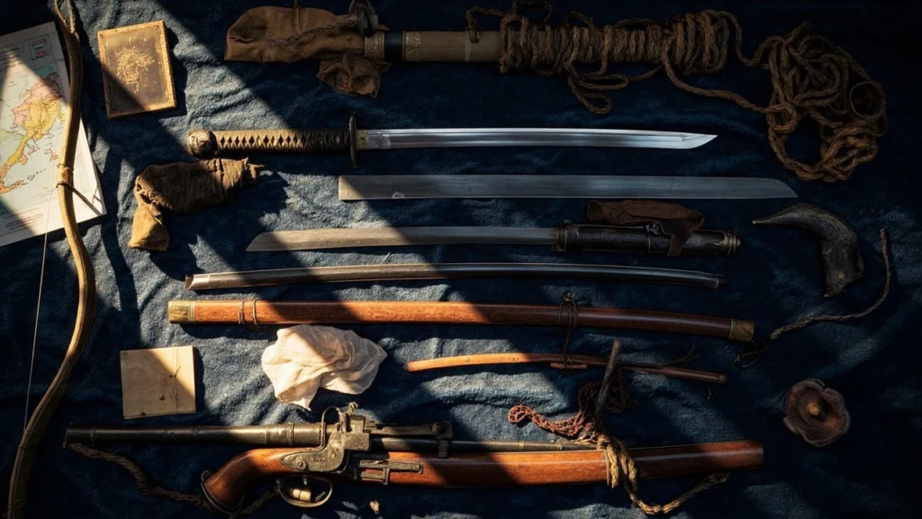 Detailed view of ghost of Yotei weapons including katanas, kusarigama, and bow laid out on cloth