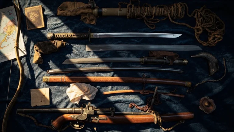 Detailed view of ghost of Yotei weapons including katanas, kusarigama, and bow laid out on cloth