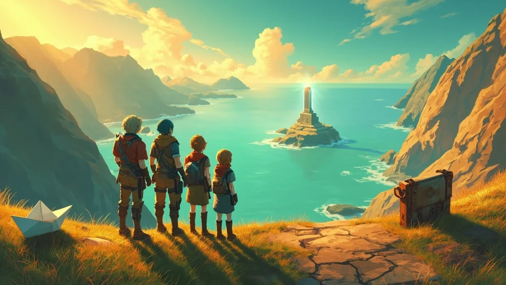 Dragon Quest 7 Reimagined walkthrough hero image showing a party of adventurers on a coastal cliff
