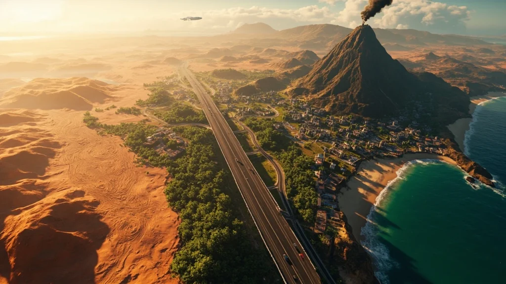 Aerial view of the Forza Horizon 5 map showing Mexican biomes and roads