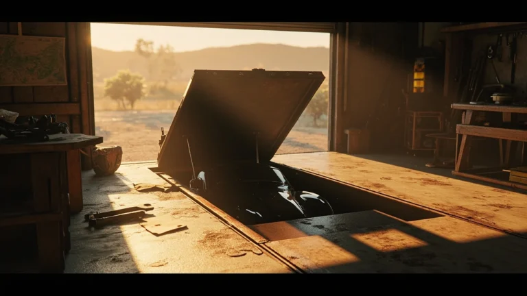 Forza Horizon 6 treasure car locations concept with a dusty garage hatch in a sunlit garage
