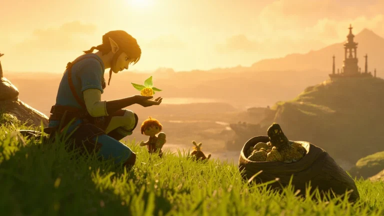 Link and Hestu collecting totk korok seeds across Hyrule