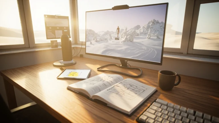 White sand dunes with a small field research tent and notebook at golden hour