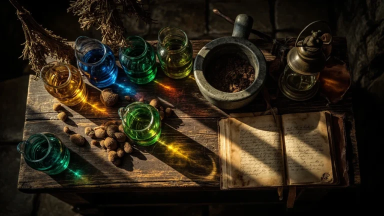 A detailed alchemy setup illustrating skyrim potion recipes at a laboratory table