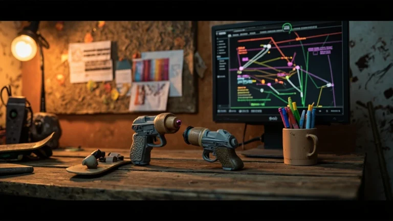 High on Life 2 developer notes hero image with skateboard and gun props